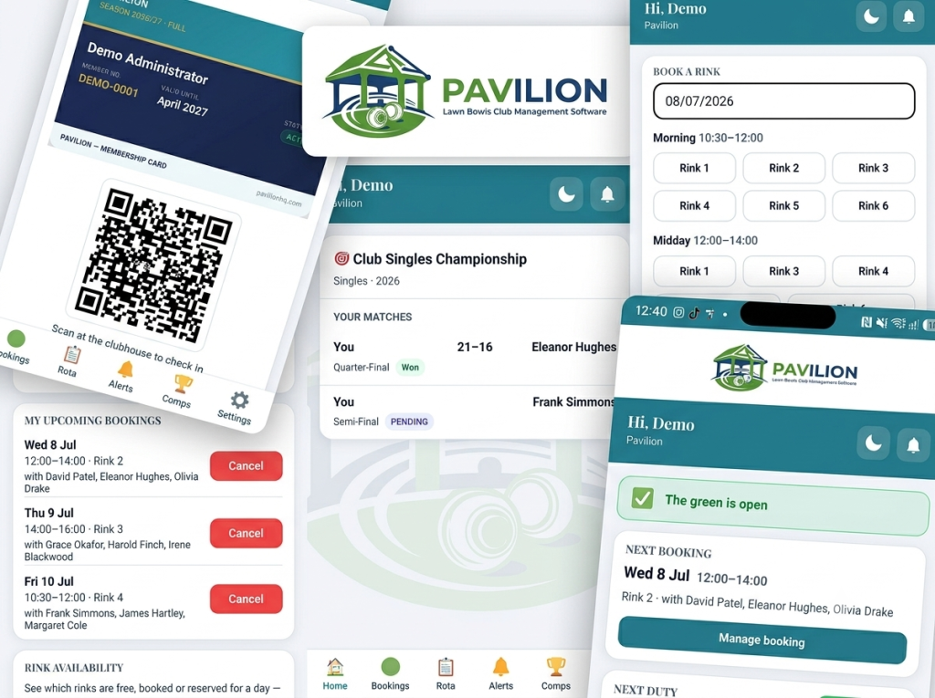 De ledenapp van Pavilion op verschillende telefoons: een ledenpas met QR-code, baanreservering en een wedstrijd