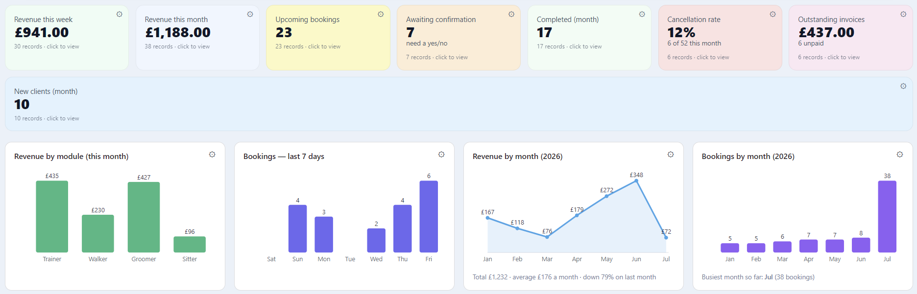 Pet Central dashboard: revenue, bookings, cancellations and outstanding invoices, with charts by service and month