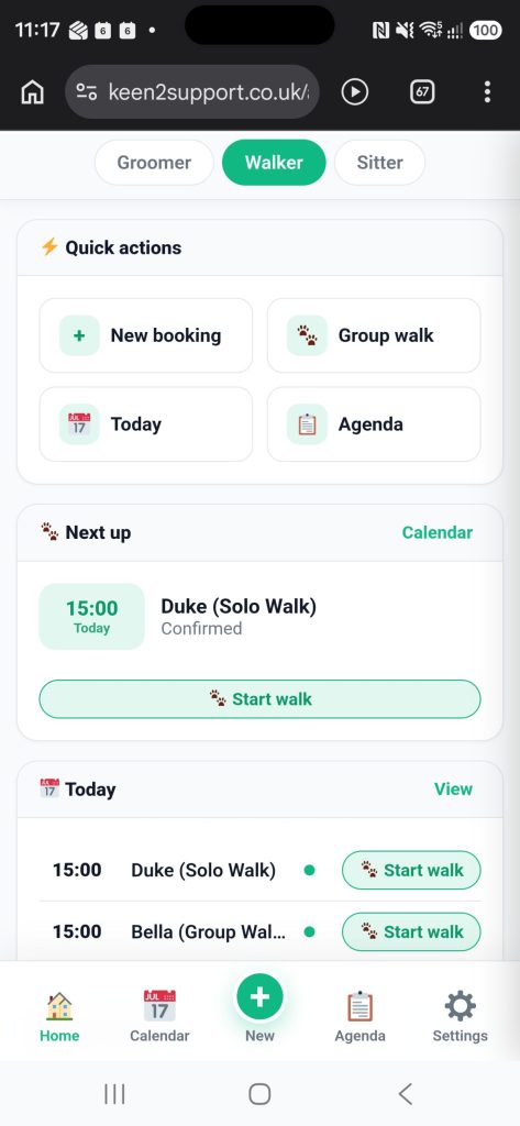 The Pet Central staff app, set up for a dog walker