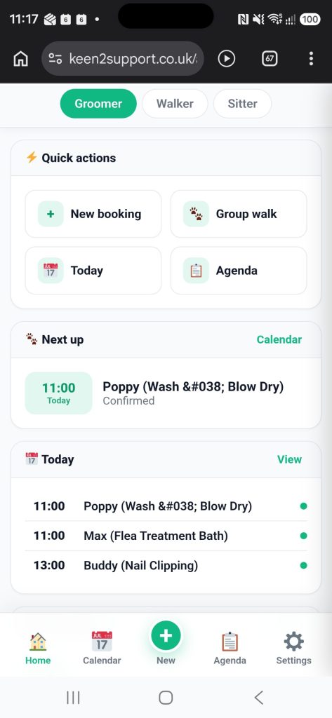 The Pet Central staff app, set up for a groomer