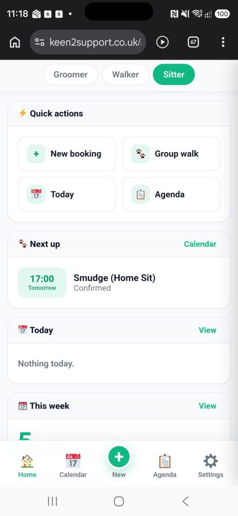 The Pet Central staff app, set up for a pet sitter