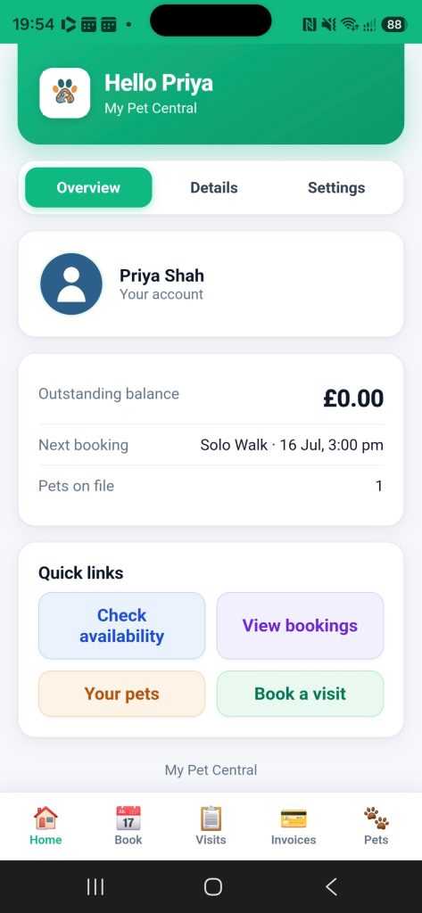 The customer app's home screen