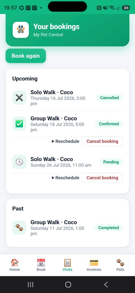 Upcoming and past bookings in the customer app