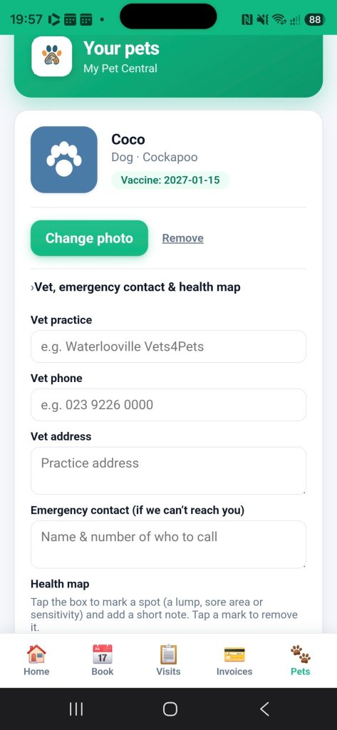 A pet's details in the customer app