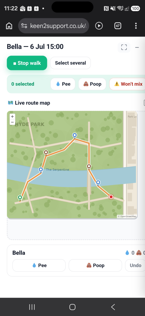 A live walk tracked on a map in the staff app