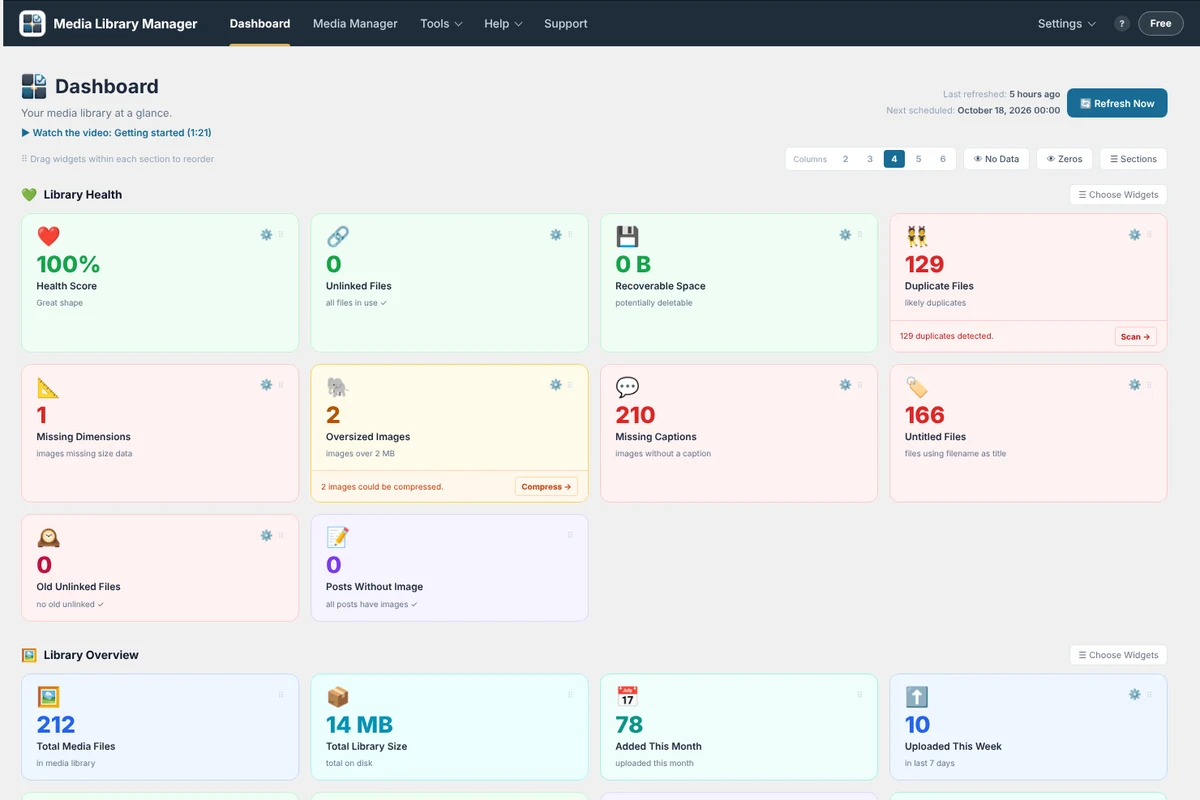 The ModuleFest Media Library Manager dashboard: health score, unlinked files, duplicates, oversized images, missing captions and library totals
