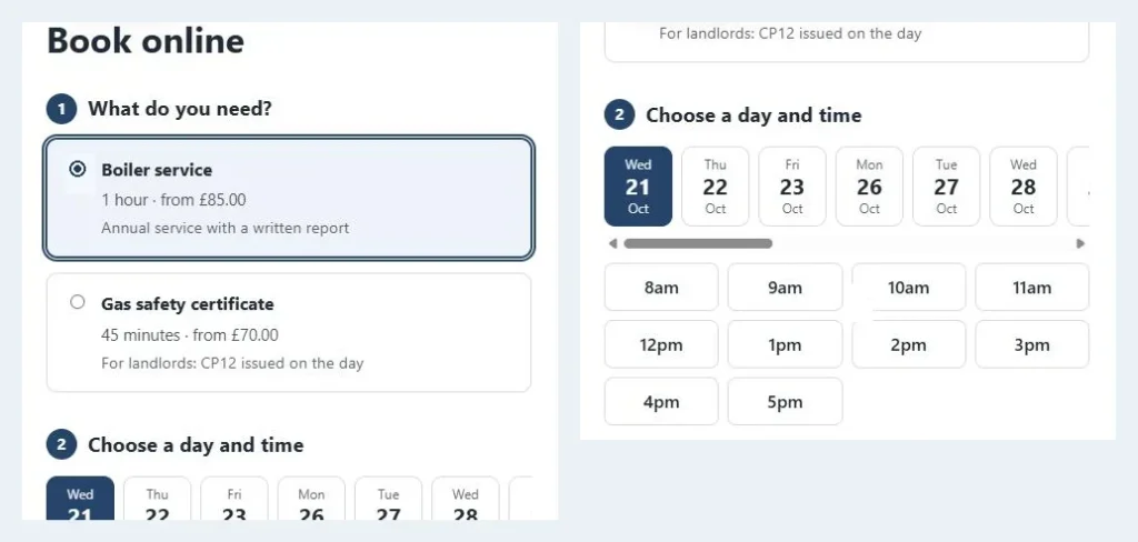 Online booking on a phone: the customer picks a service, then a day and time (Standard).