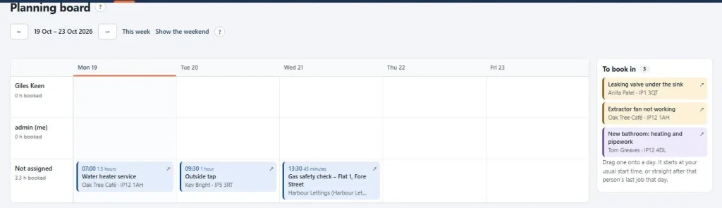 The planning board: drag jobs between people and days, with the jobs still to book in alongside (Premium).