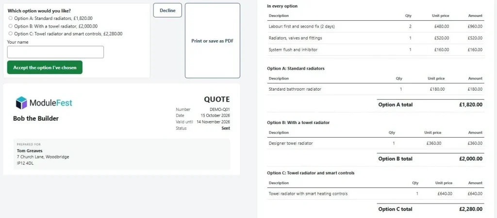 A quote with three options. The customer picks one and accepts it online (free).